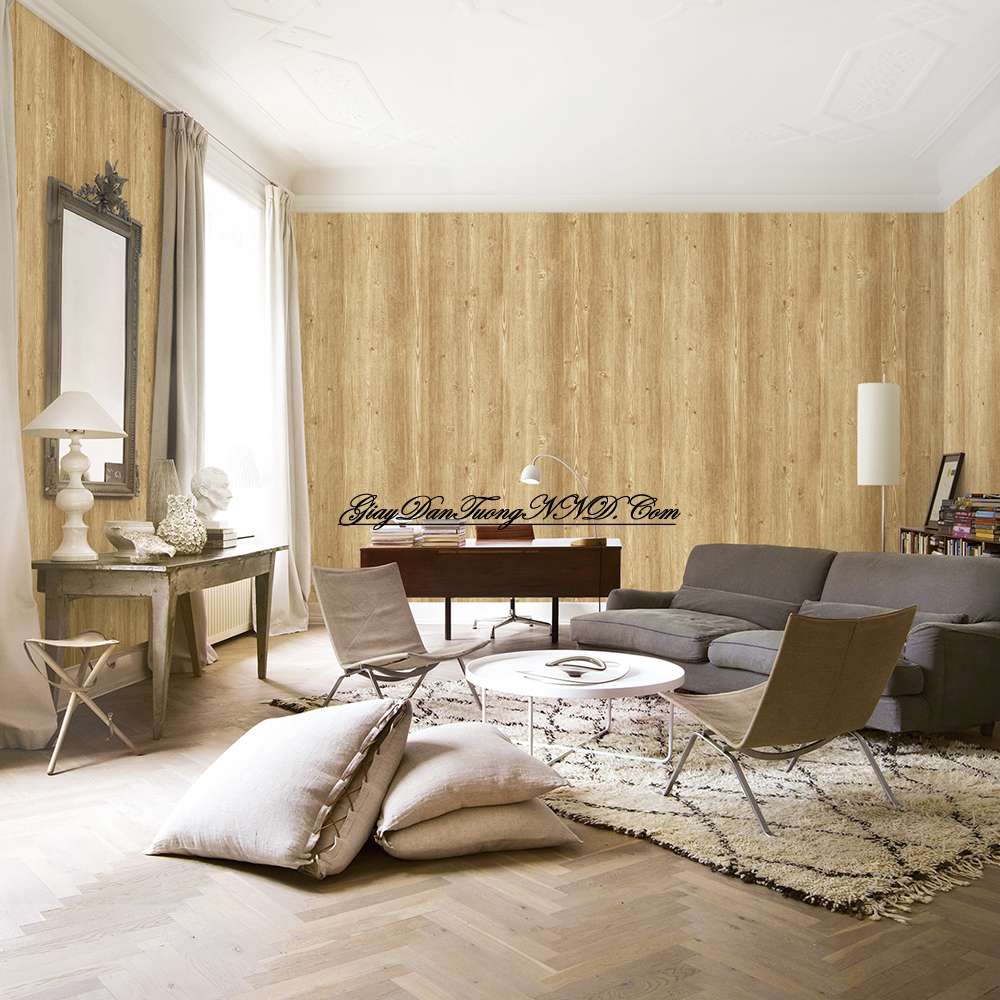 Phá cách không gian phòng khách bằng giấy dán tường giả vân gỗ hiện đại