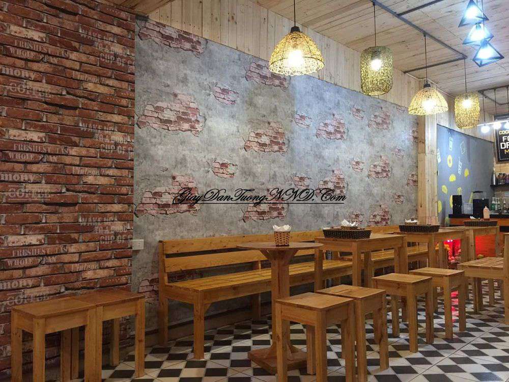 Sự kết hợp hoàn hảo của 2 mẫu giấy dán tường giả gạch đỏ và giả gạch cổ 3D của Hàn Quốc trang trí quán cafe hiện đại