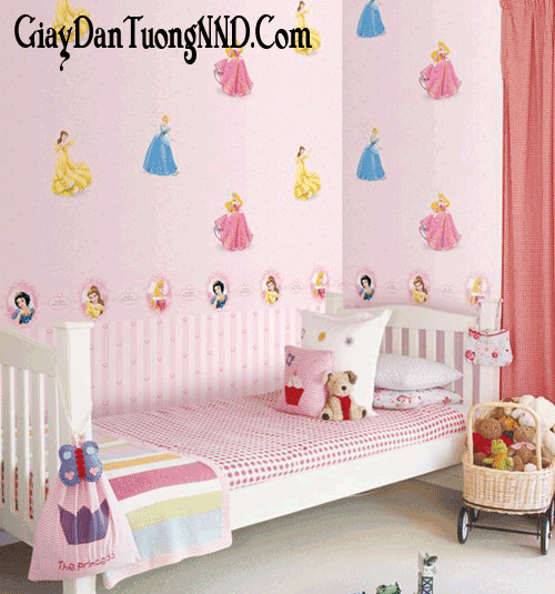 Giấy dán tường hình công chúa màu hồng cho phòng bé gái