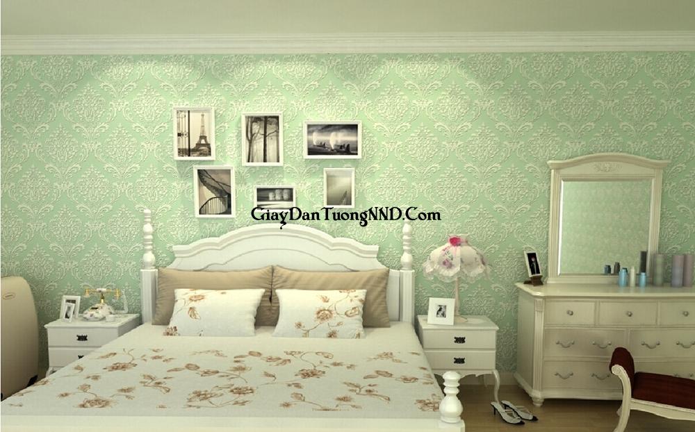 Trang trí phòng ngủ vợ chồng bằng mẫu giấy dán tường màu xanh
