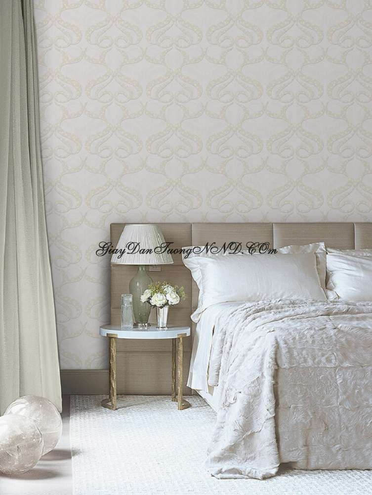 Giấy dán tường hoa văn cổ điển màu ghi xám dán điểm nhấn cho bức đầu giường phòng nghỉ