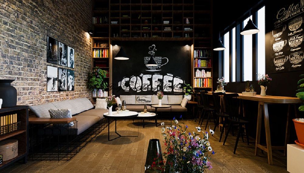 Quán cafe theo phong cách làm việc tức là xây dựng để kéo những vị khách đến hoàn thành công việc, chính vì vậy không gian quán này cần sự kín đáo tĩnh lặng. Giải pháp sử dụng giấy dán tường 3D giả gạch cổ màu tối là sự lựa chọn hoàn hảo trong trường hợp này.