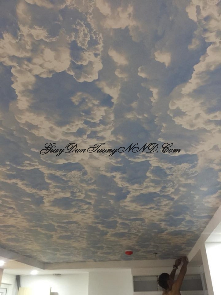 Sử dụng giấy dán tường hình bầu trời trang trí cho trần nhà phòng ngủ